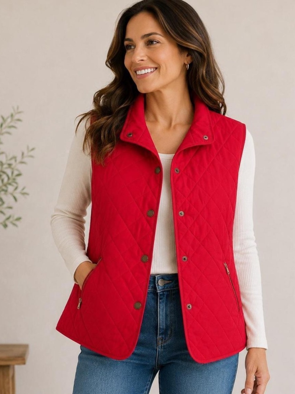 Talbots Diamond Red Quilted Snap-Front Vest